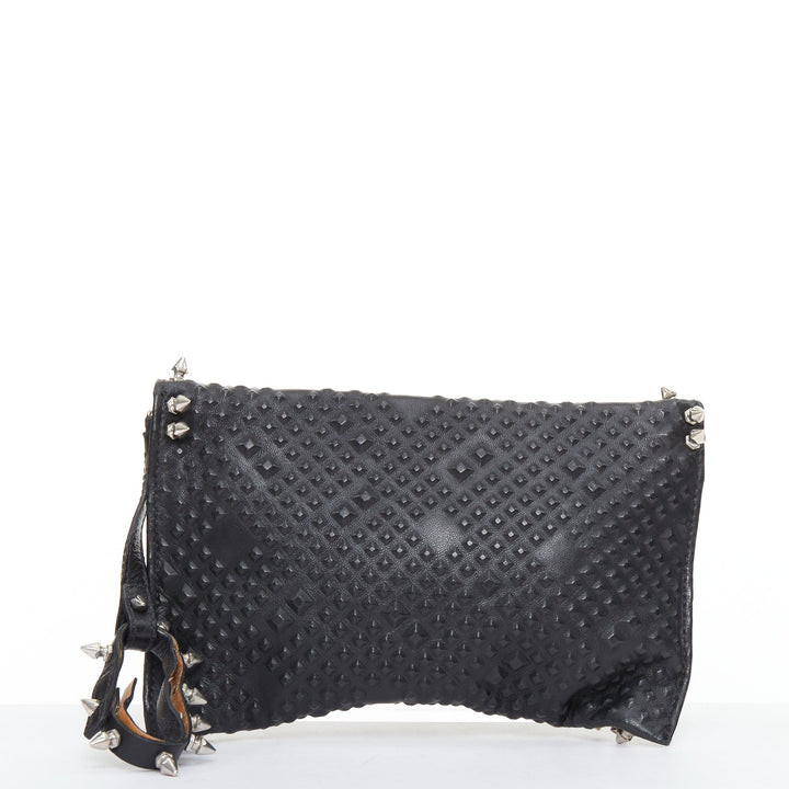 MAISON DU POSH black tonal stud silver spike leather studded envelop clutch bag
