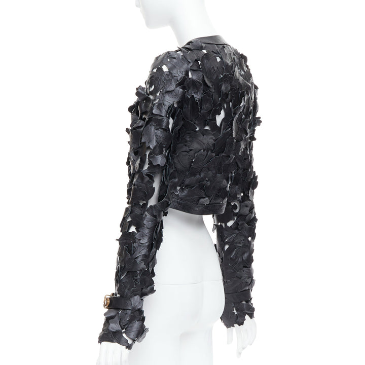 rare ALEXANDER MCQUEEN 2011 Runway black floral laser cut leather jacket IT40 S