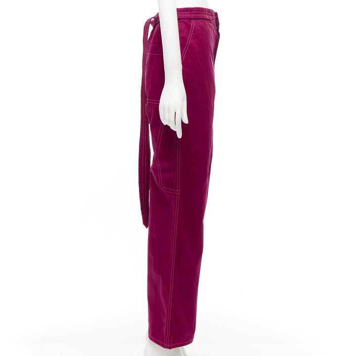 MARNI burgundy cotton linen topstitch belt waist wide leg pants IT38 XS