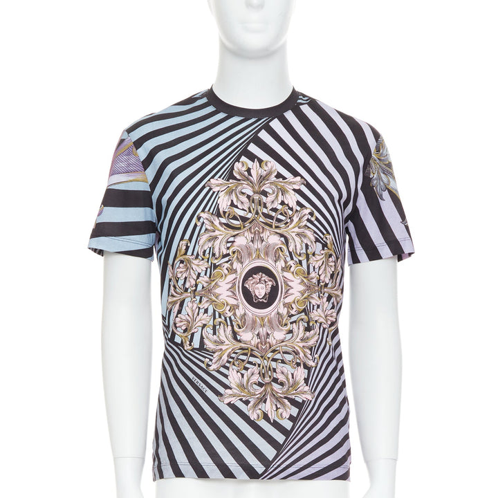 VERSACE purple pink baroque medusa swirl print cotton crew tshirt XS