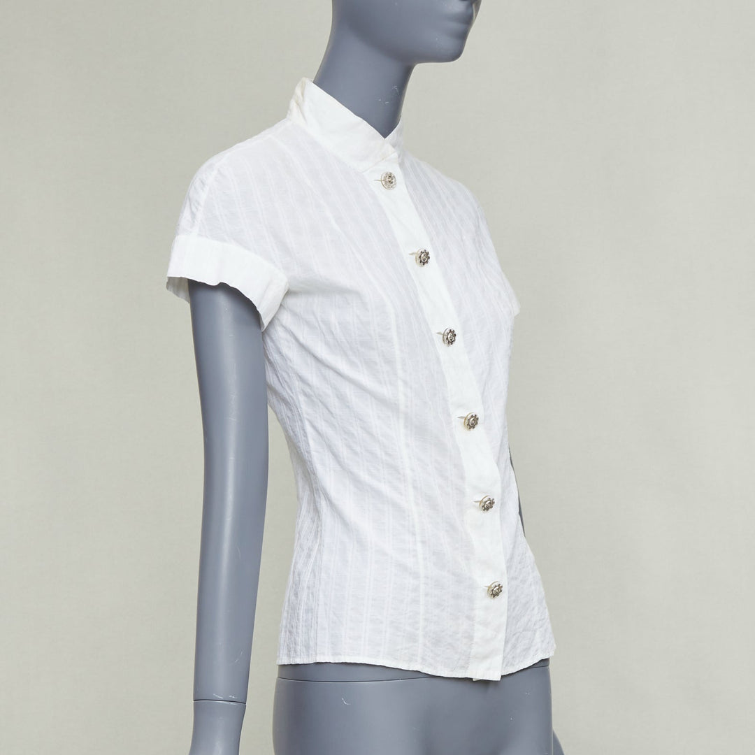 CHANEL 2016 cream cotton CC logo striped fitted shirt FR34 XS