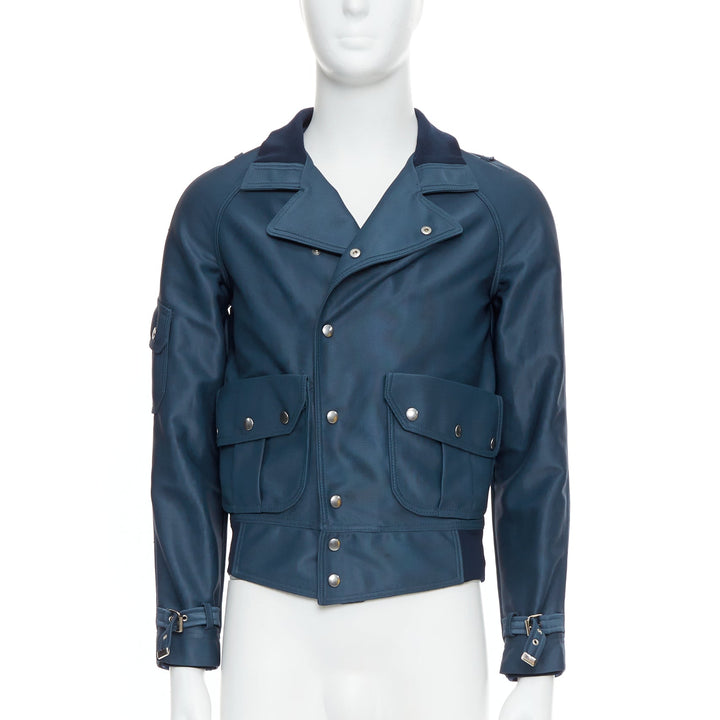 BALENCIAGA 2003 blue silver snap buttons cropped moto biker jacket FR46 S