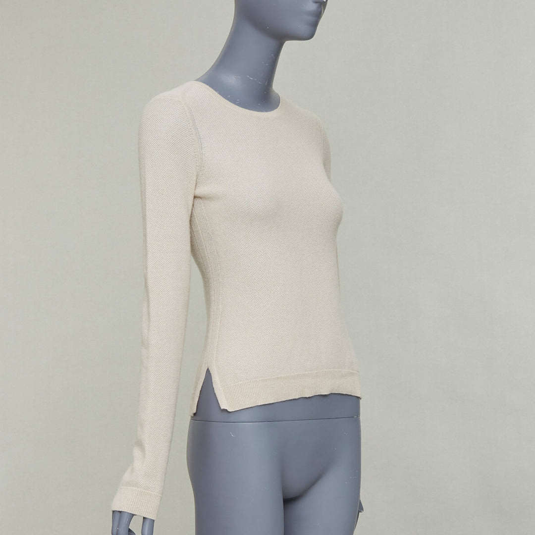 LORO PIANA 100% cashmere beige fine waffle knit crew neck sweater IT38 XS