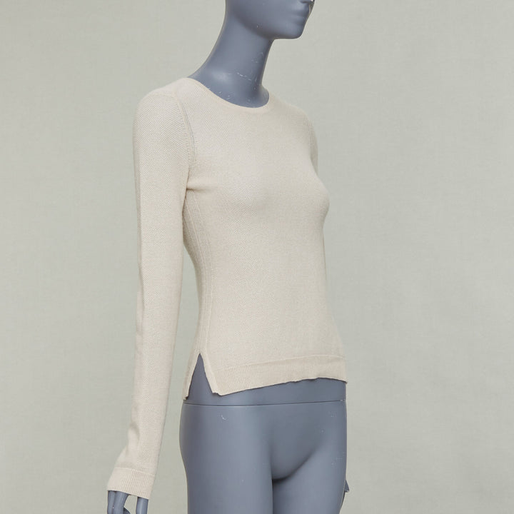 LORO PIANA 100% cashmere beige fine waffle knit crew neck sweater IT38 XS