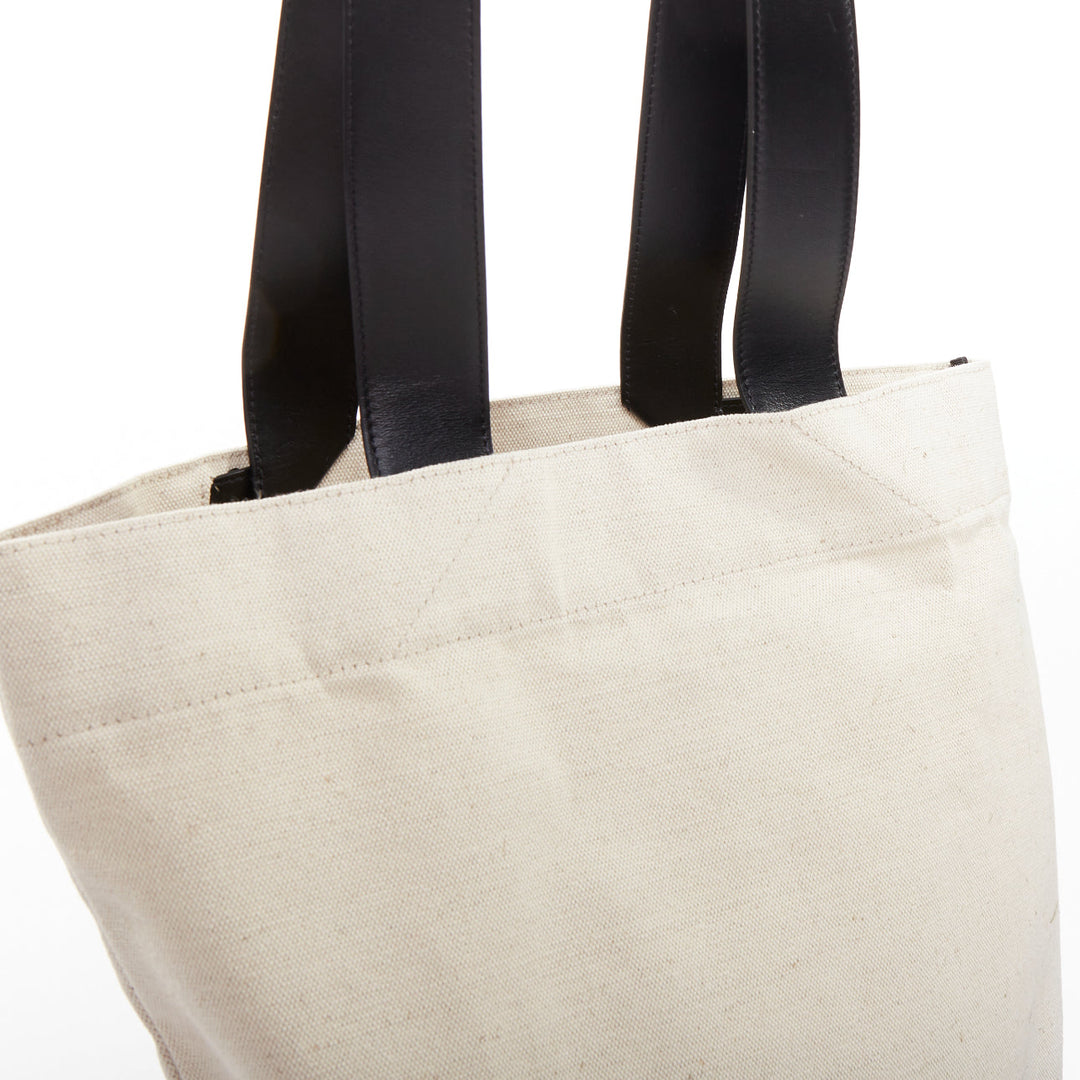JIL SANDER Logo Print Canvas Long Tote beige canvas black leather trim bag