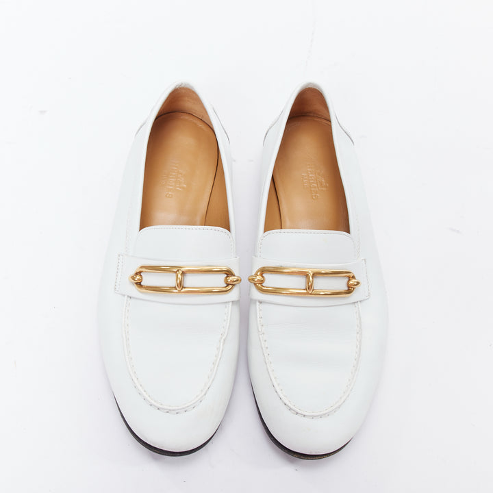 HERMES Colette white goat leather gold plated Roulis buckle loafers EU37