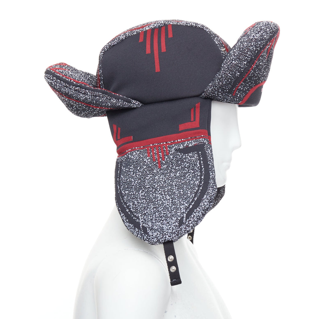 rare PRADA 2019 Runway red grey logo jacquard padded trapper hat L