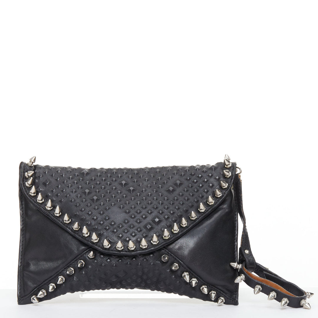 MAISON DU POSH black tonal stud silver spike leather studded envelop clutch bag