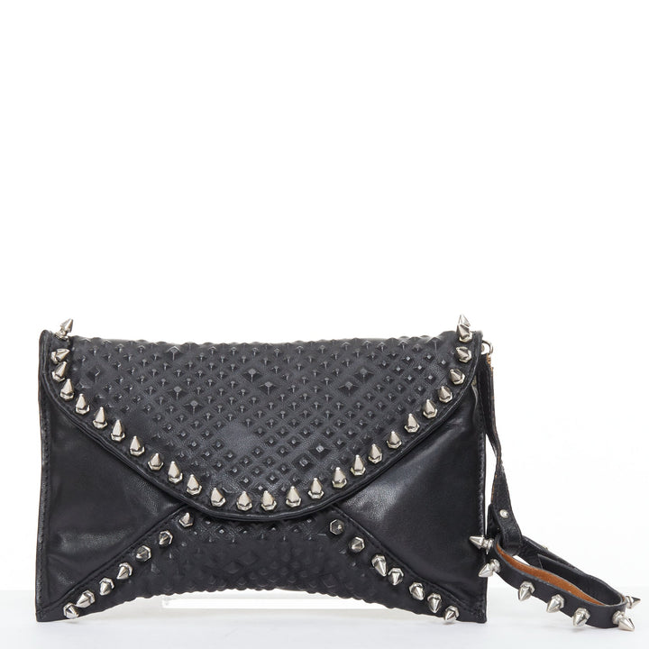 MAISON DU POSH black tonal stud silver spike leather studded envelop clutch bag