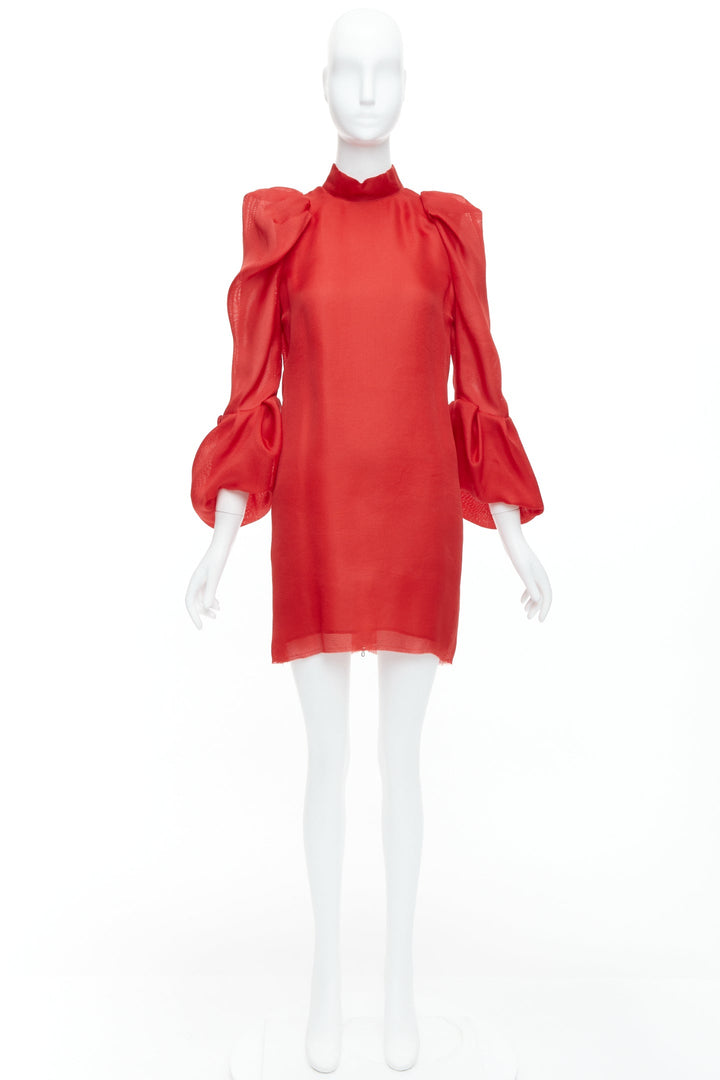 LANVIN 2011 Runway 100% silk red puff sleeve mini dress FR34 XS