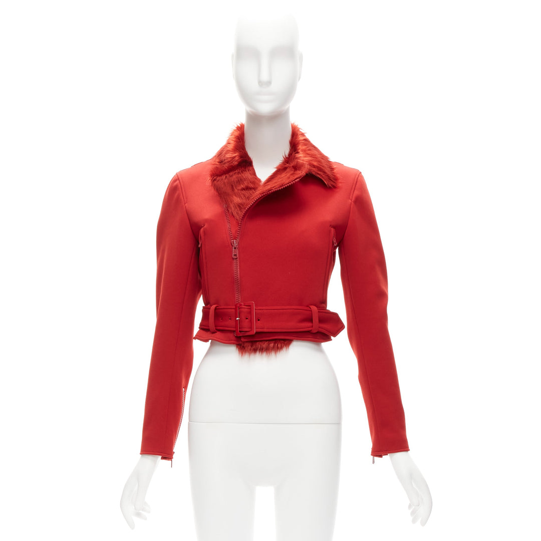 YOHJI YAMAMOTO red faux fur collar 3 stripes belted cropped biker jacket S