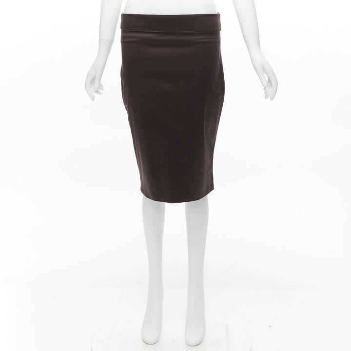 GUCCI brown silky texture zigzag topstitch flap waistband pencil knee skirt IT42