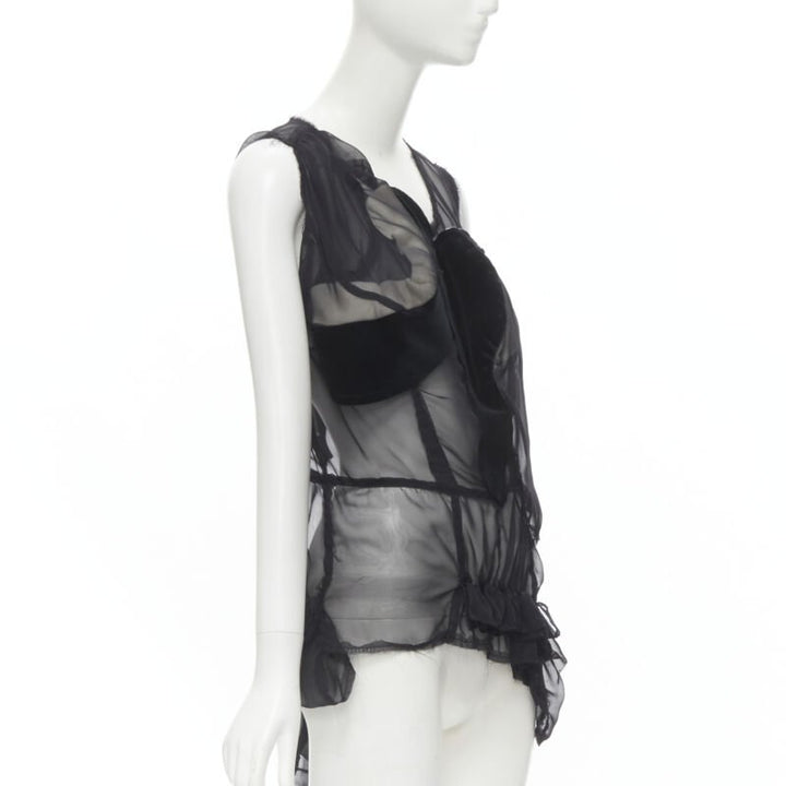COMME DES GARCONS 2009 black sheer velvet patchwork bumps raw sleeveless vest M
