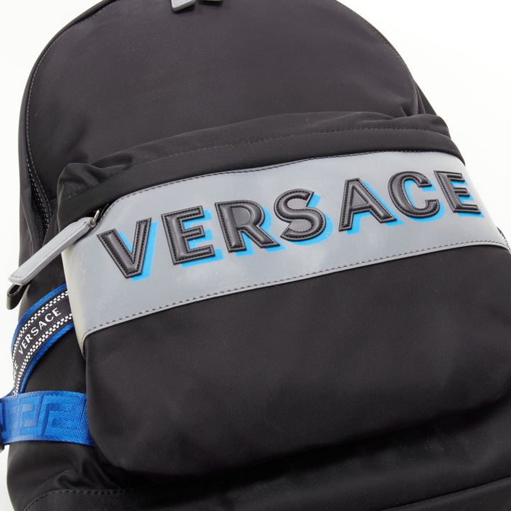 VERSACE Reflective Logo black nylon blue Greca nylon strap backpack