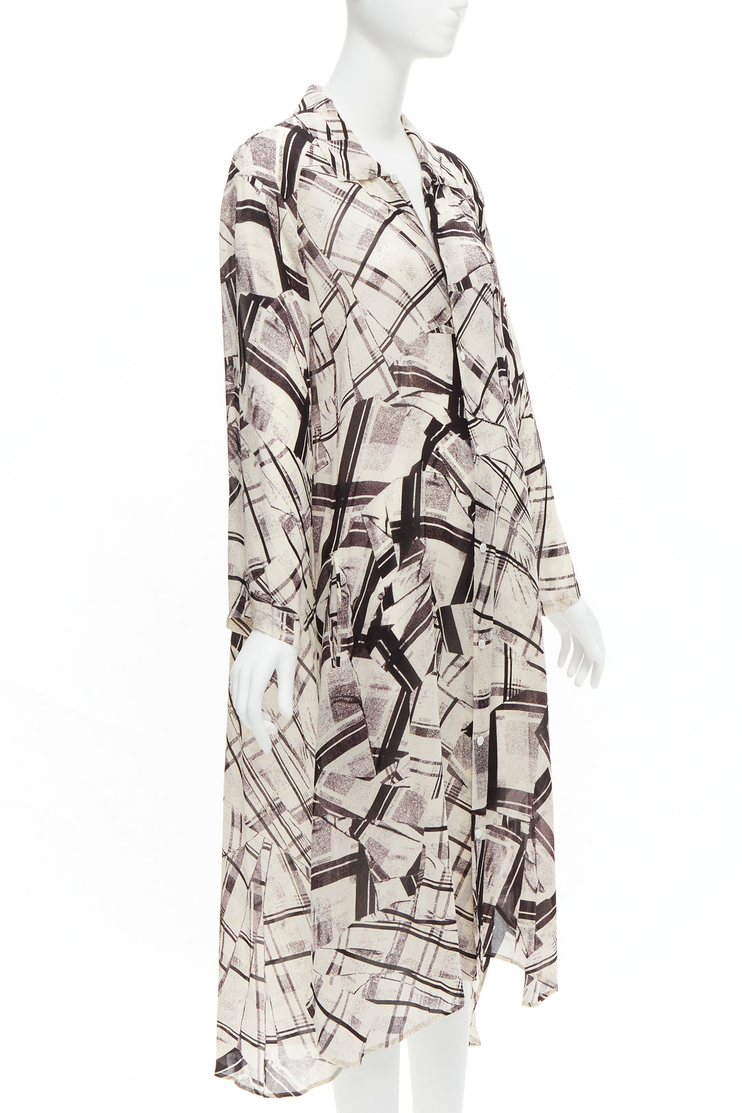 YOHJI YAMAMOTO Y'S abstract checked patchwork printed draped shirt dress JP1 S