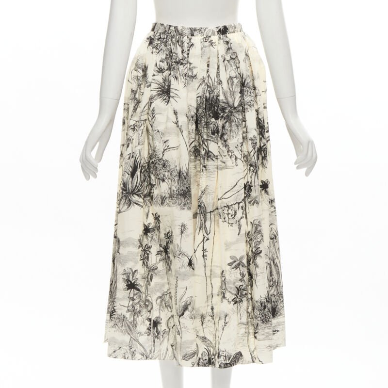 CHRISTIAN DIOR Fantaisie beige illustration print cotton midi skirt FR34 XS