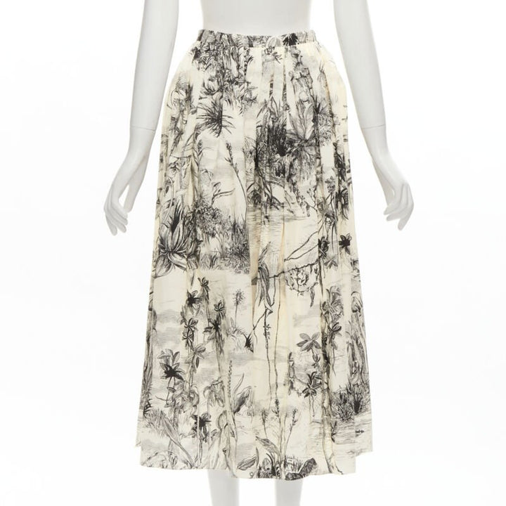 CHRISTIAN DIOR Fantaisie beige illustration print cotton midi skirt FR34 XS