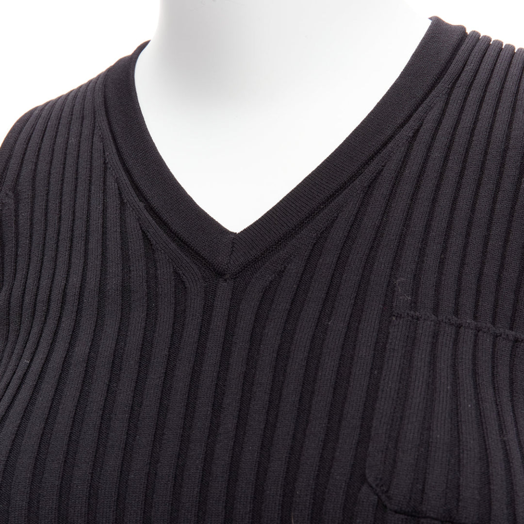 CHANEL 01A gold CC logo charm  black ribbed V neck cropped vest top FR38 M