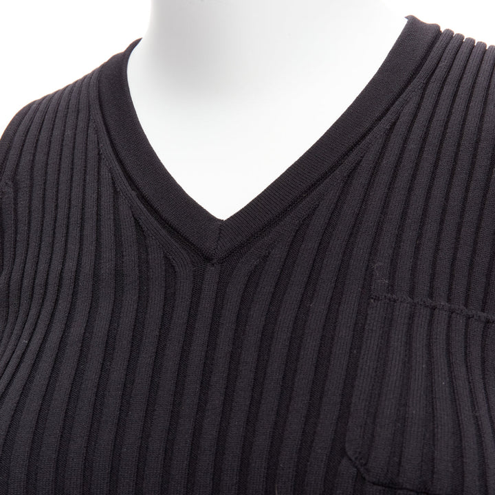 CHANEL 01A gold CC logo charm  black ribbed V neck cropped vest top FR38 M