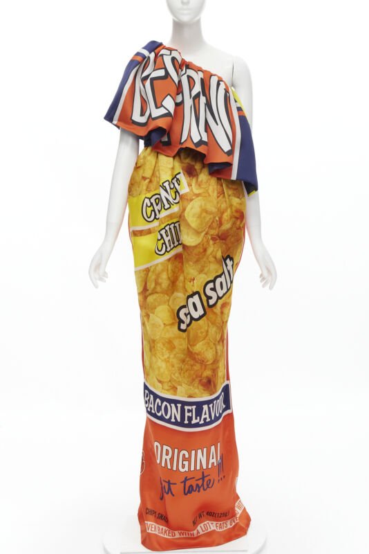 rare Runway MOSCHINO Couture! 2014 Junk Food Potato Chip one shoulder gown IT40
