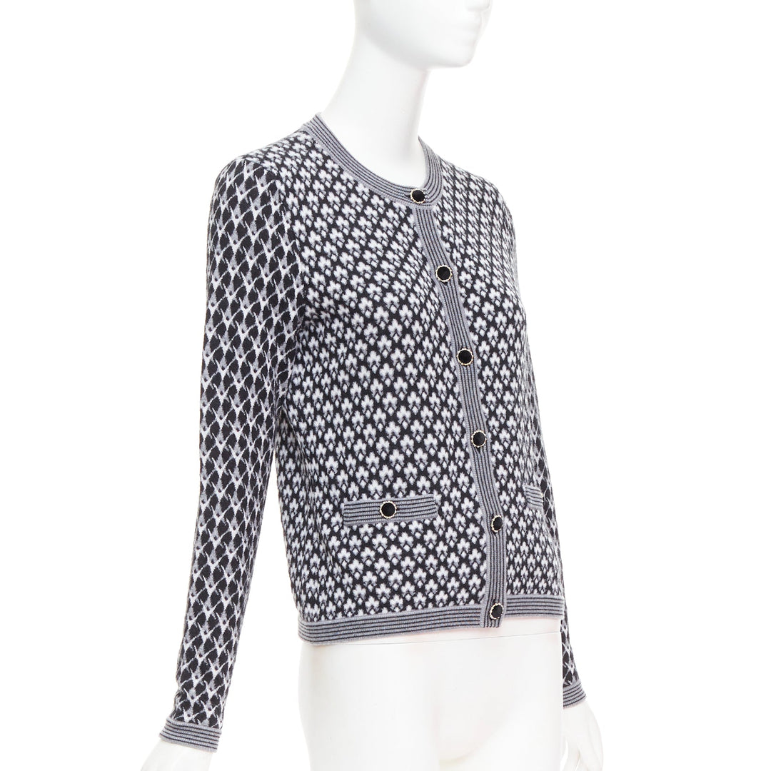 CHANEL black white cashmere velvet buttons crew cardigan FR38 M