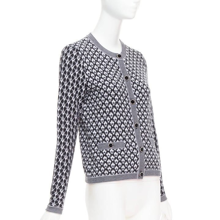 CHANEL black white cashmere velvet buttons crew cardigan FR38 M