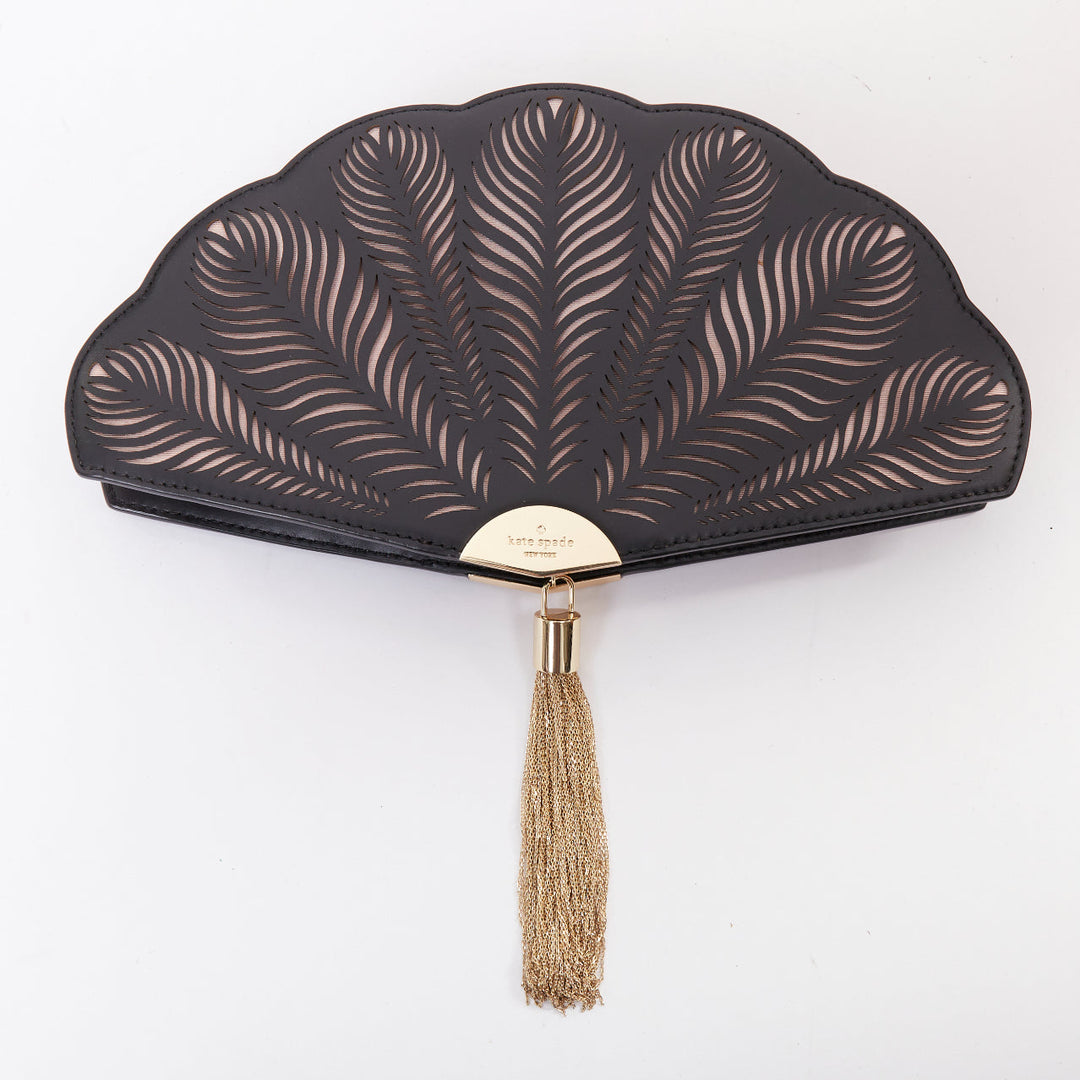KATE SPADE Dress The Part black leather cut gold tassel fan clutch bag