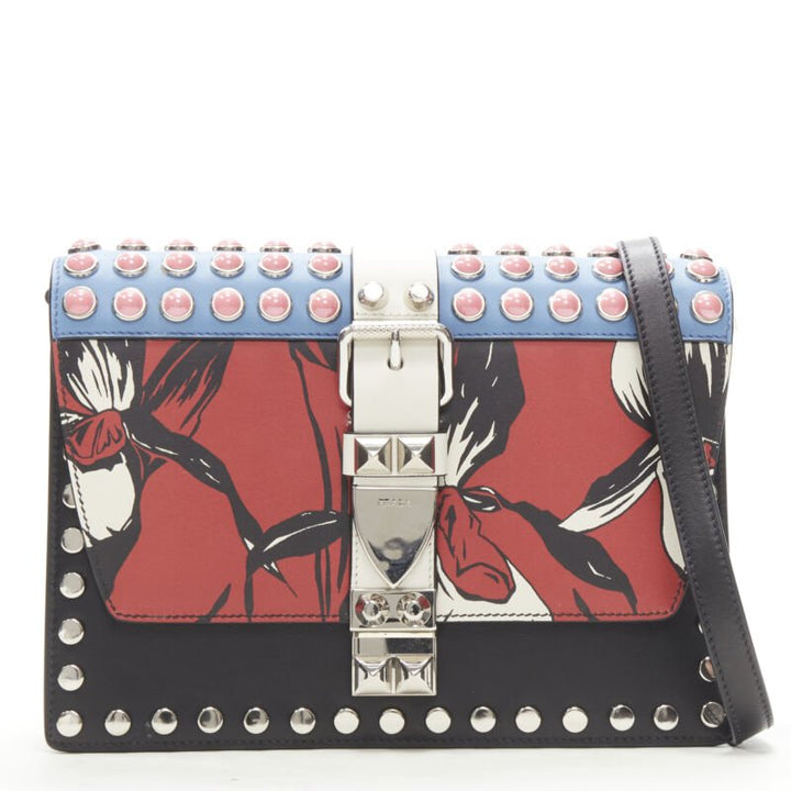 rare PRADA Elektra floral punk buckle pink silver studded flap crossbody bag