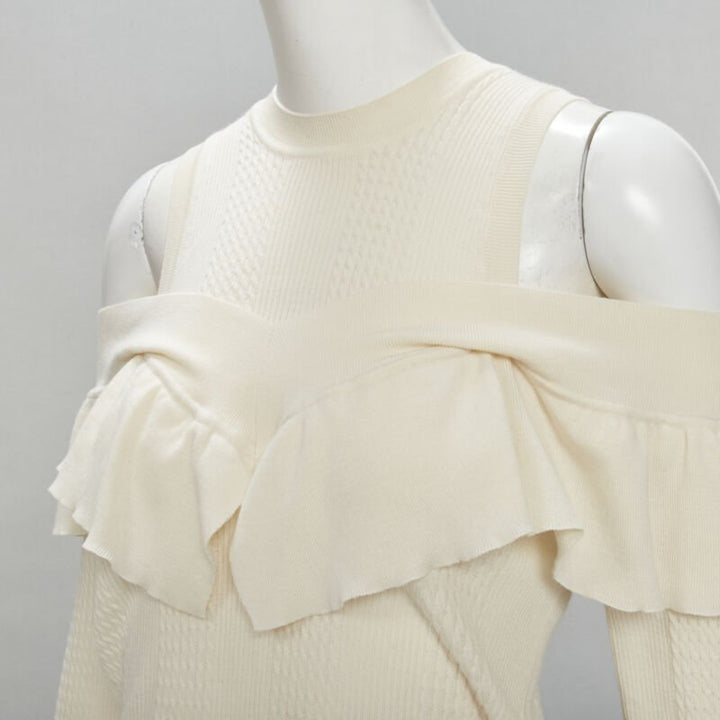FENDI cream wool silk cashmere cold shoulder ruffle knit sweater IT44 M