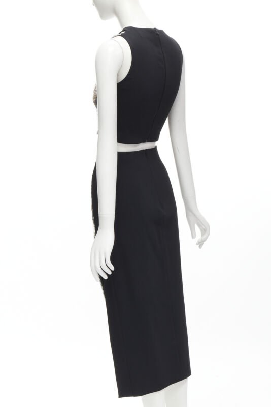 DAVID KOMA silver sequins midriff crop top asymmetric high slit skirt set UK6 XS