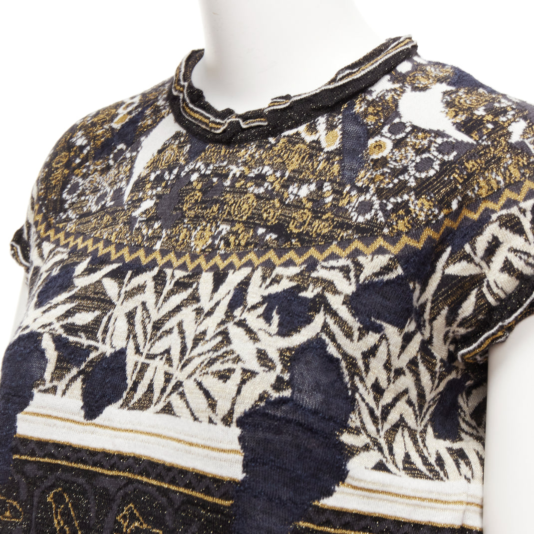 CHANEL 2019 Runway gold Egyptian Hieroglyphics CC cap sleeve sweater FR36 S