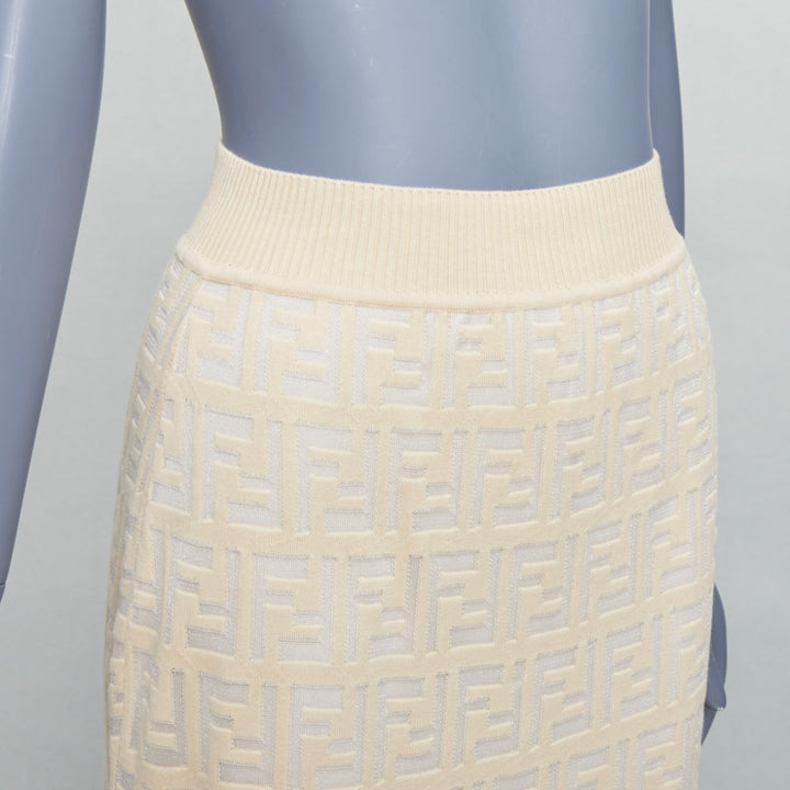 FENDI cream beige cotton blend FF Zucca monogram knit pencil skirtIT IT42 M