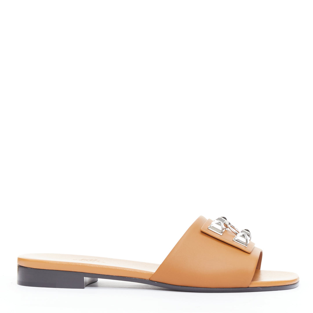 HERMES Dune tan leather palladium Collier de Chien flat sandal EU37.5