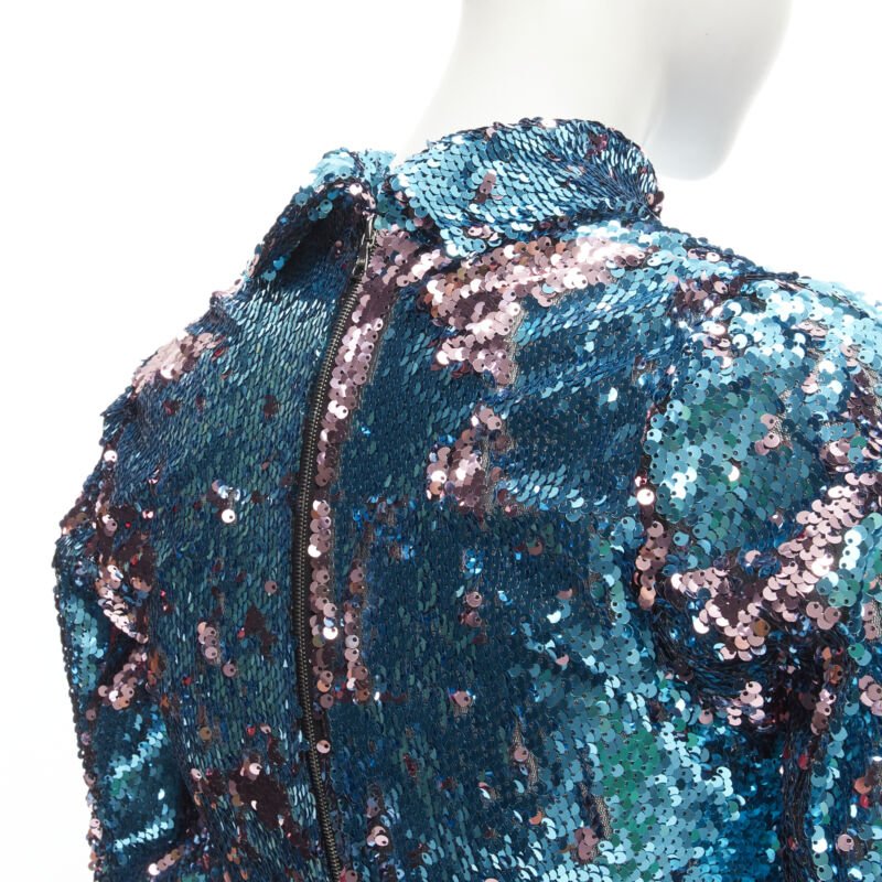 HALPERN blue purple double faced sequins turtleneck flared sleeve top FR34 XS