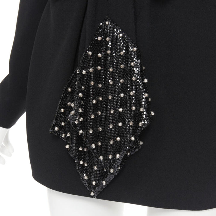 SAINT LAURENT Runway black chainmail stud shoulder pad belted dress FR38 S