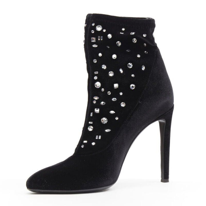 GIUSEPPE ZANOTTI black velvet crystal jewel embellished pull on sock bootie EU39
