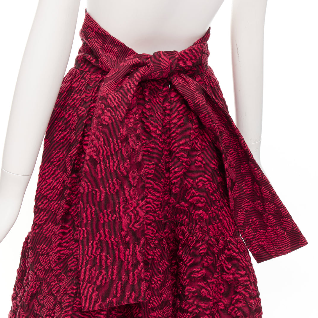 ANAIS JOURDEN red cotton blend floral 3D jacquard tie full gown skirt FR36 S