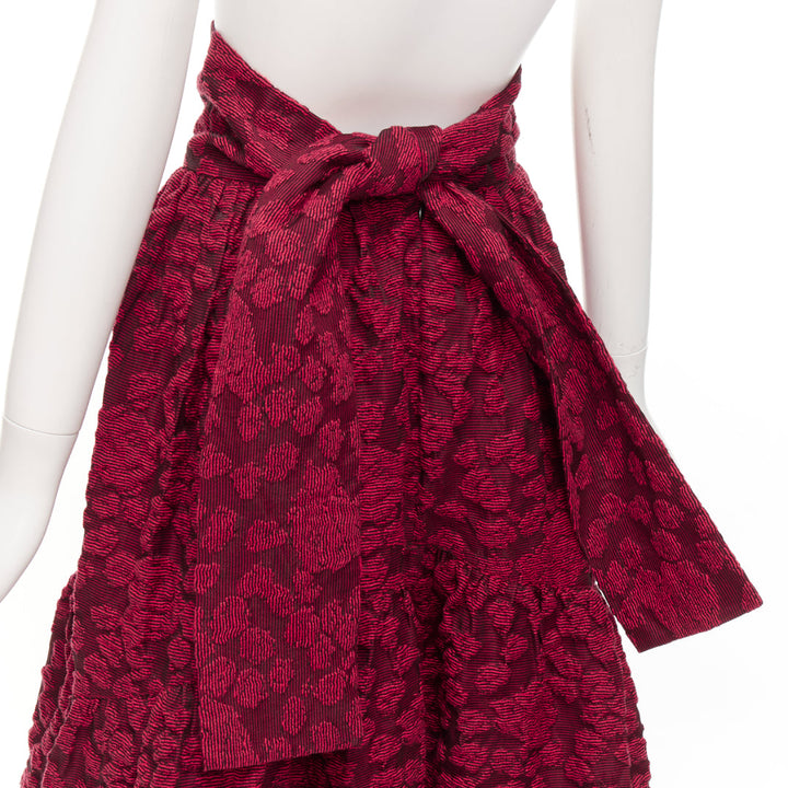 ANAIS JOURDEN red cotton blend floral 3D jacquard tie full gown skirt FR36 S