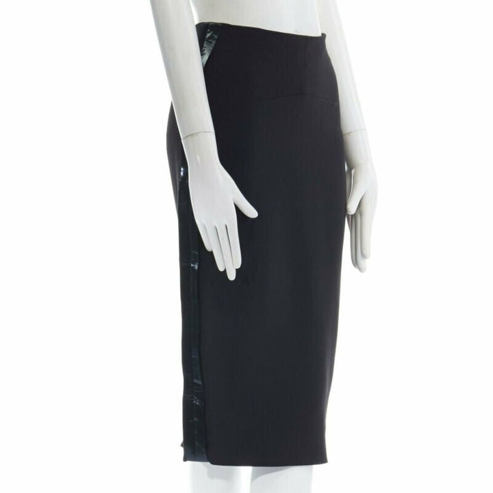 VICTORIA BECKHAM black silk wool lacquared fabric trimmed side pencil skirt 25"