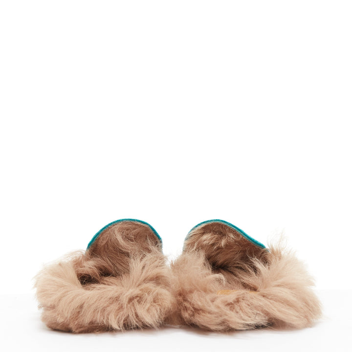 GUCCI Princetown green velvet horse bit buckle fur lined slide loafers EU37