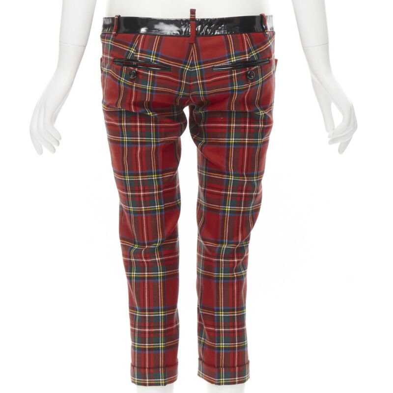 DSQUARED2 red punk plaid patent trim cropped pants IT40 S