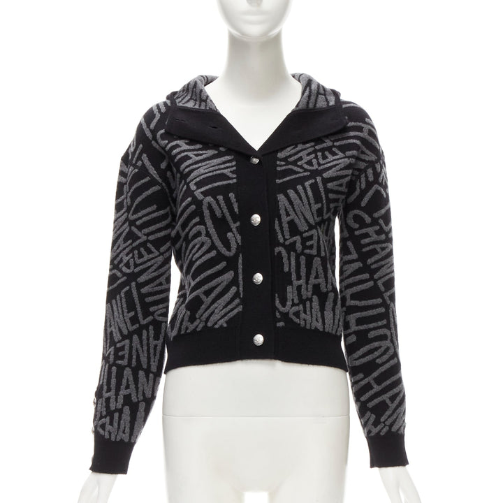 CHANEL 2021 98% cashmere black grey all over logo intarsia CC cardigan FR36 S