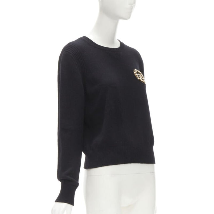 CHANEL black cashmere blend gold bead pearl CC embellished badge sweater FR42  L