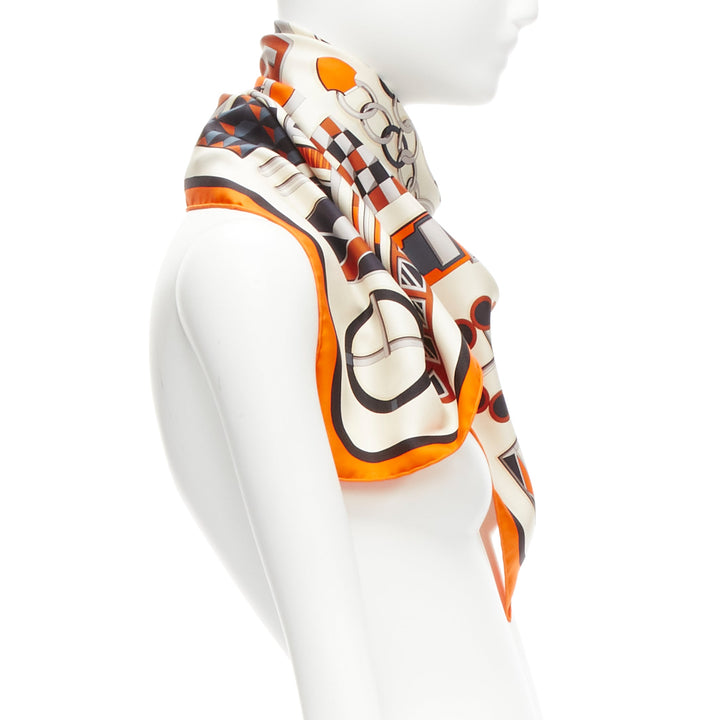 HERMES 100% silk orange border H buckle horsebit chain scarf