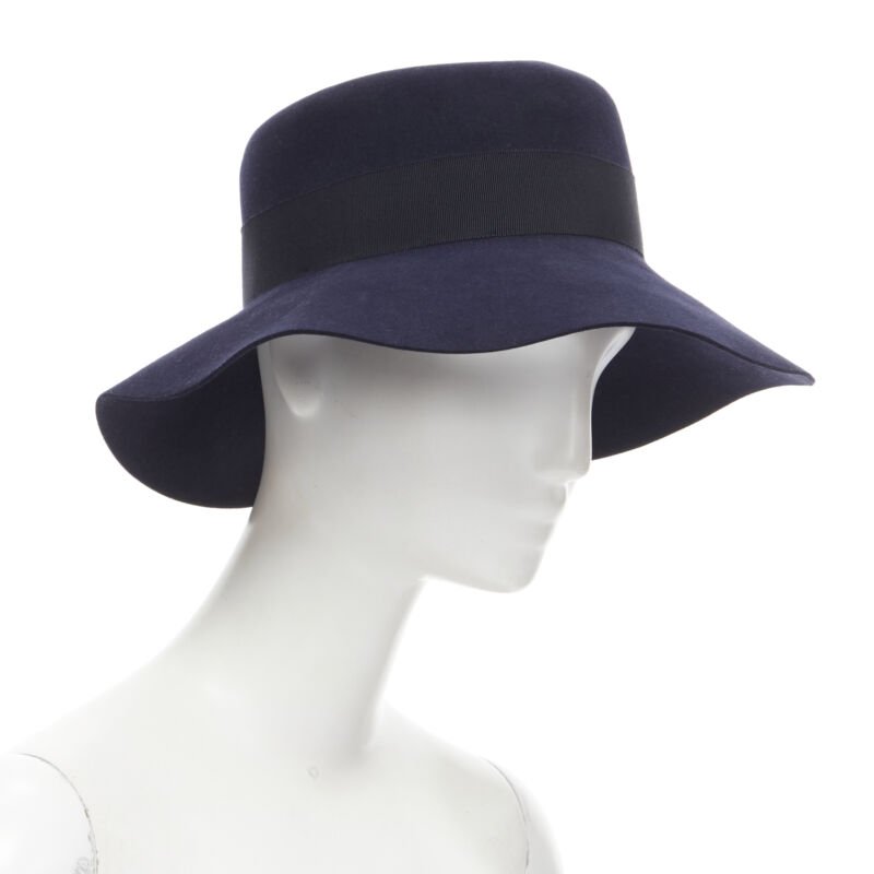 MAISON MICHEL navy blue black grosgrain M logo detail fedora hat S 56cm