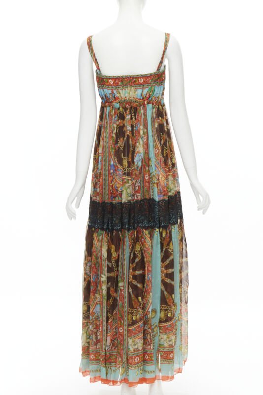 DOLCE GABBANA 2013 Carretto print silk black lace insert maxi dress IT36 XS