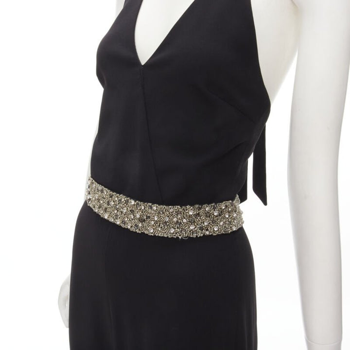 ALICE OLIVIA silver crystal bead embellished halter backless jumpsuit S