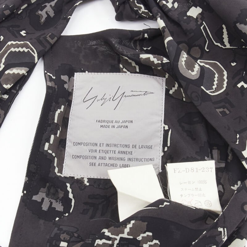 YOHJI YAMAMOTO black pixelated floral paisley cut out draped front midi dress S