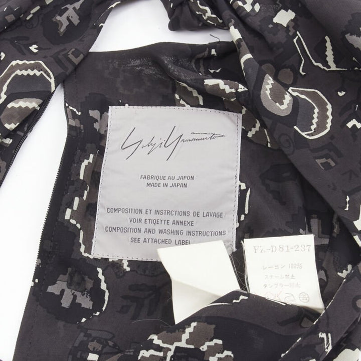 YOHJI YAMAMOTO black pixelated floral paisley cut out draped front midi dress S