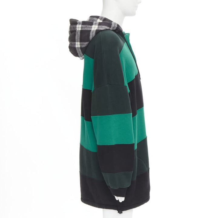 BALENCIAGA Demna green black striped patchwork checked hoodie sweater M